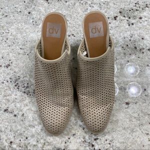 Neutral tan wood stack heel slides